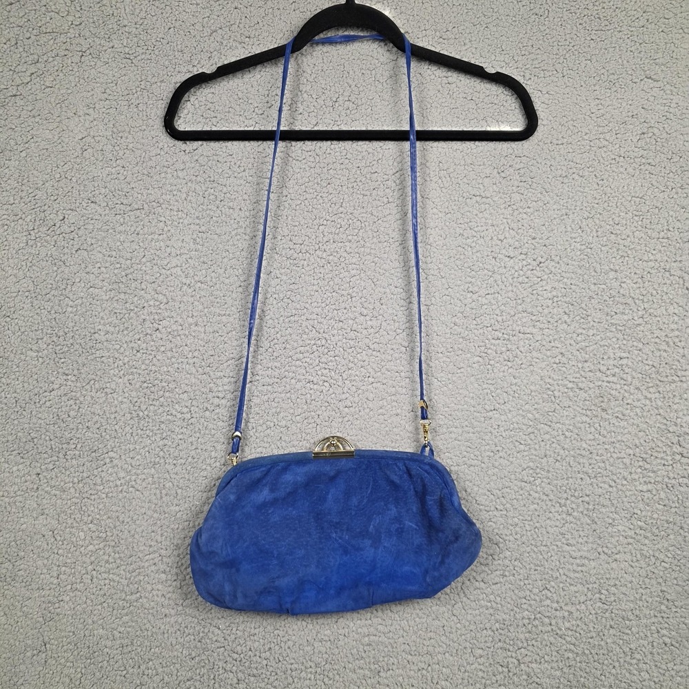 Vintage Suede Crossbody Bag Women Blue Leather Kiss Lock Detachable Strap Italy